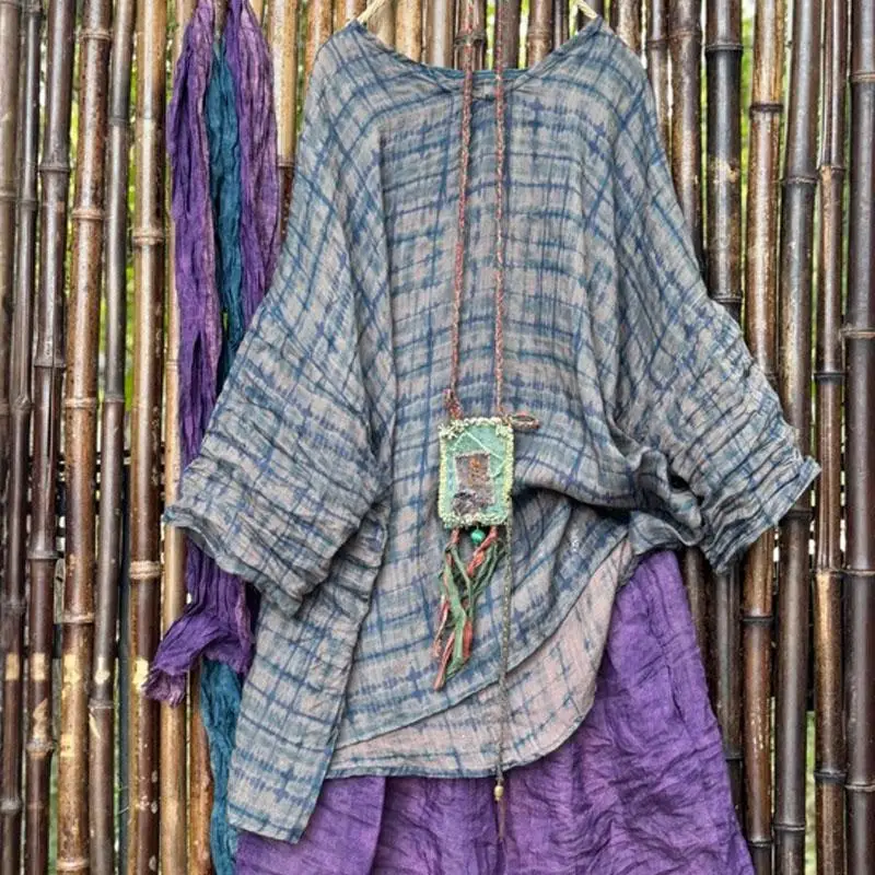 Spring Summer Arts Style Women V-neck Loose Long T-shirt Thin Ramie Plaid Print Vintage Tee Shirt Female Tops High Quality T56