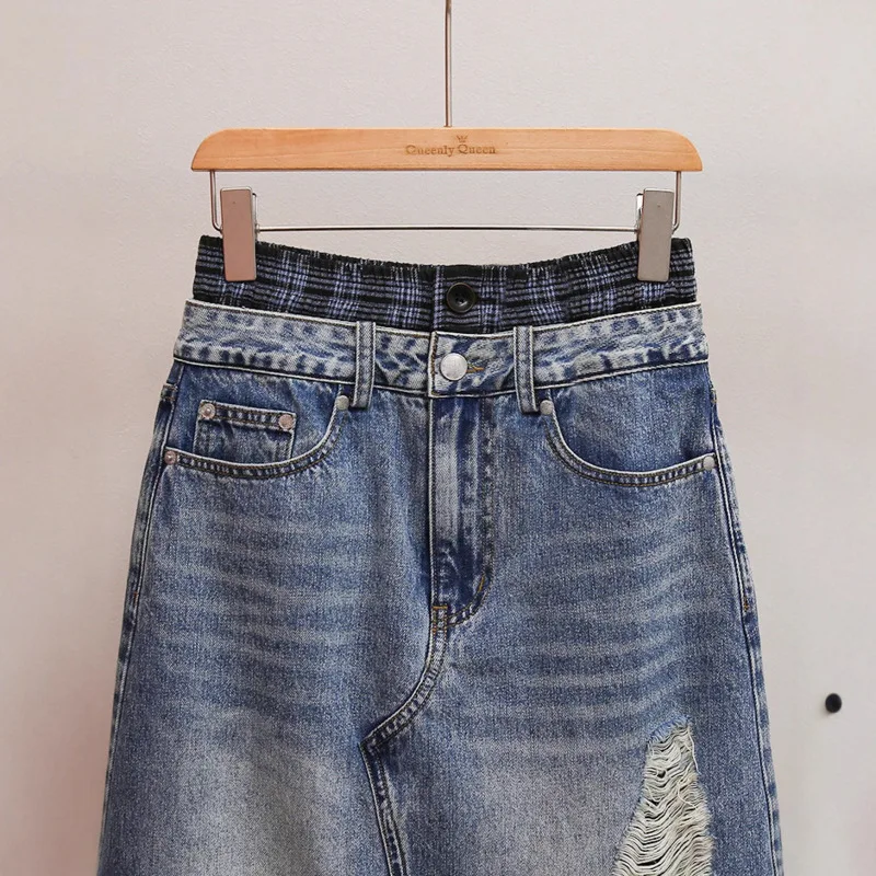 ANJY 秋の新女性ハイエンドファッションフェイクツーピース不規則なデザインスリットデニムスカートオフィスレディシックイン A ラインスカート A12664