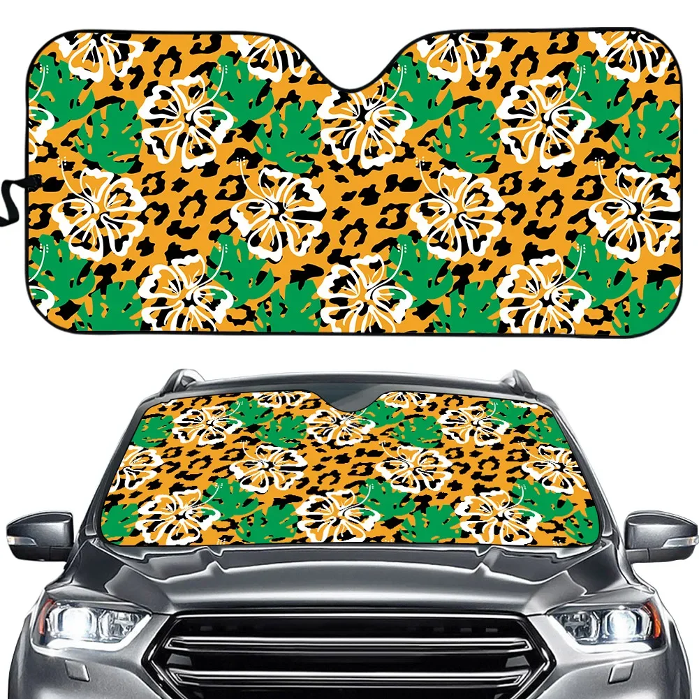 Leopard with Tropical Hibiscus Windshield Sun Shade for Car UV and Heat Car Accessories Universal Car Front Window Covers Fold