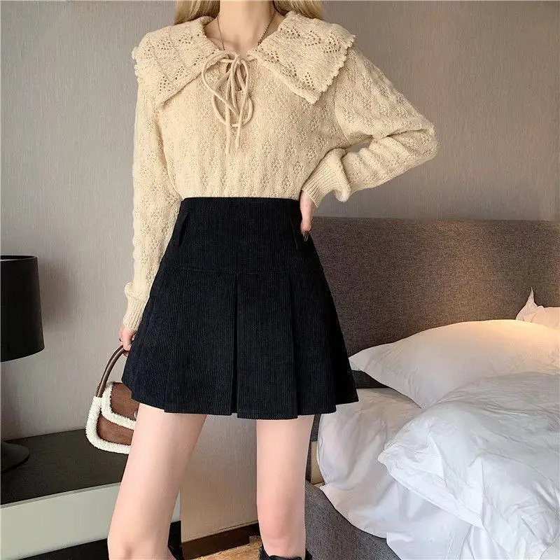 Brown Corduroy Pleated Skirt Women Vintage Korean Fashion Bottoms Casual High Waist A-line Skirts Autumn Mini Skirts Y2k Clothes