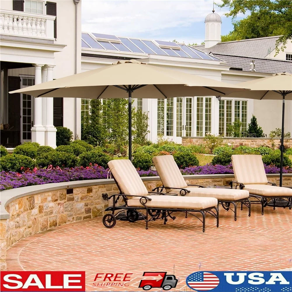 

11ft Tan Octagon Market Patio Umbrella Adjustable Tilt Hand-Crank Lift Rust Resistant Outdoor Shade Garden Deck Poolside