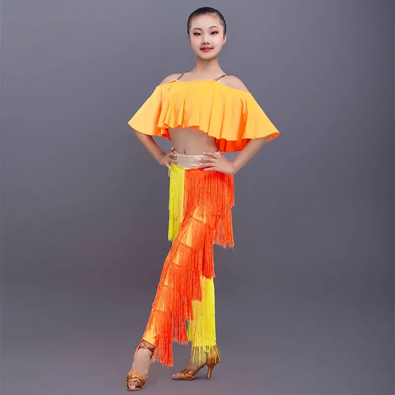 New Latin Dance Clothing Set Girls Yellow Cropped Tops Fringed Trousers Suit Children Performance Dress Competition Costume