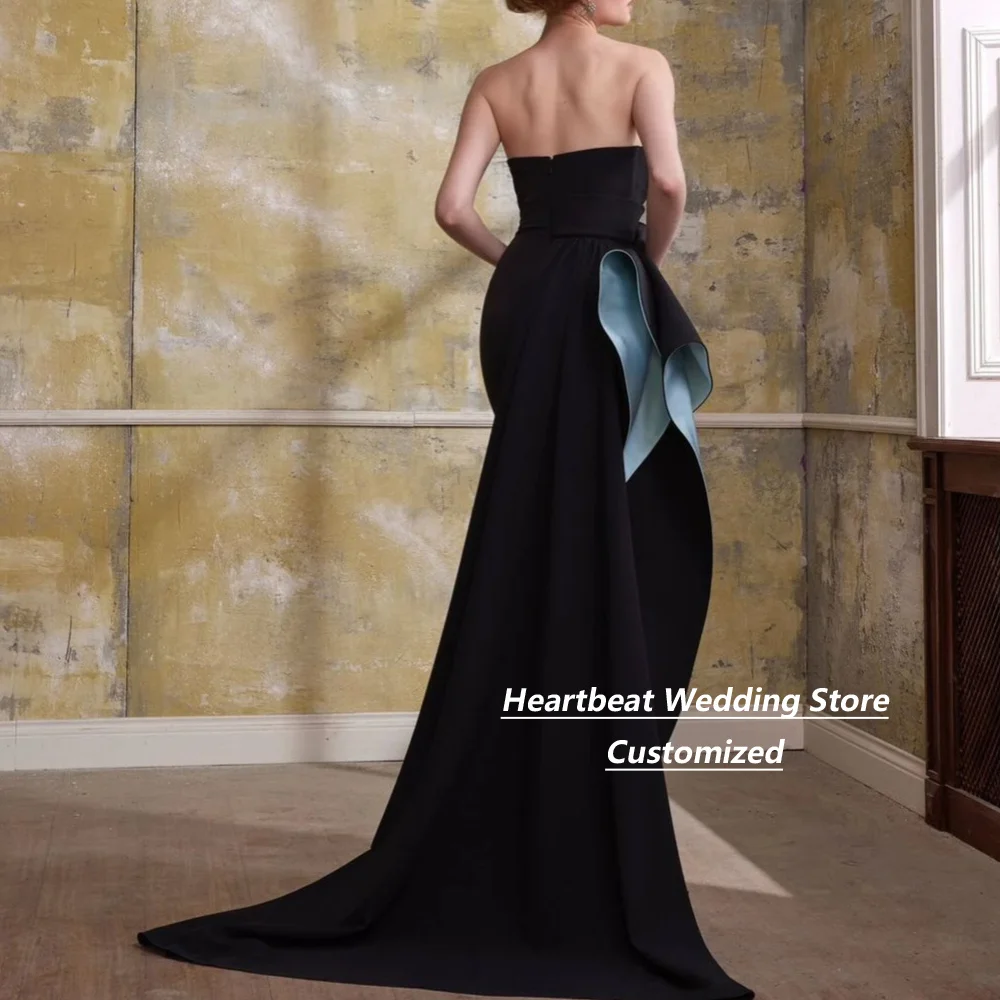 Customized Black Strapless Evening Dresses Light Blue Contrast Asymmetric Ruffle High Floor Length Mermaid Formal Train Gown