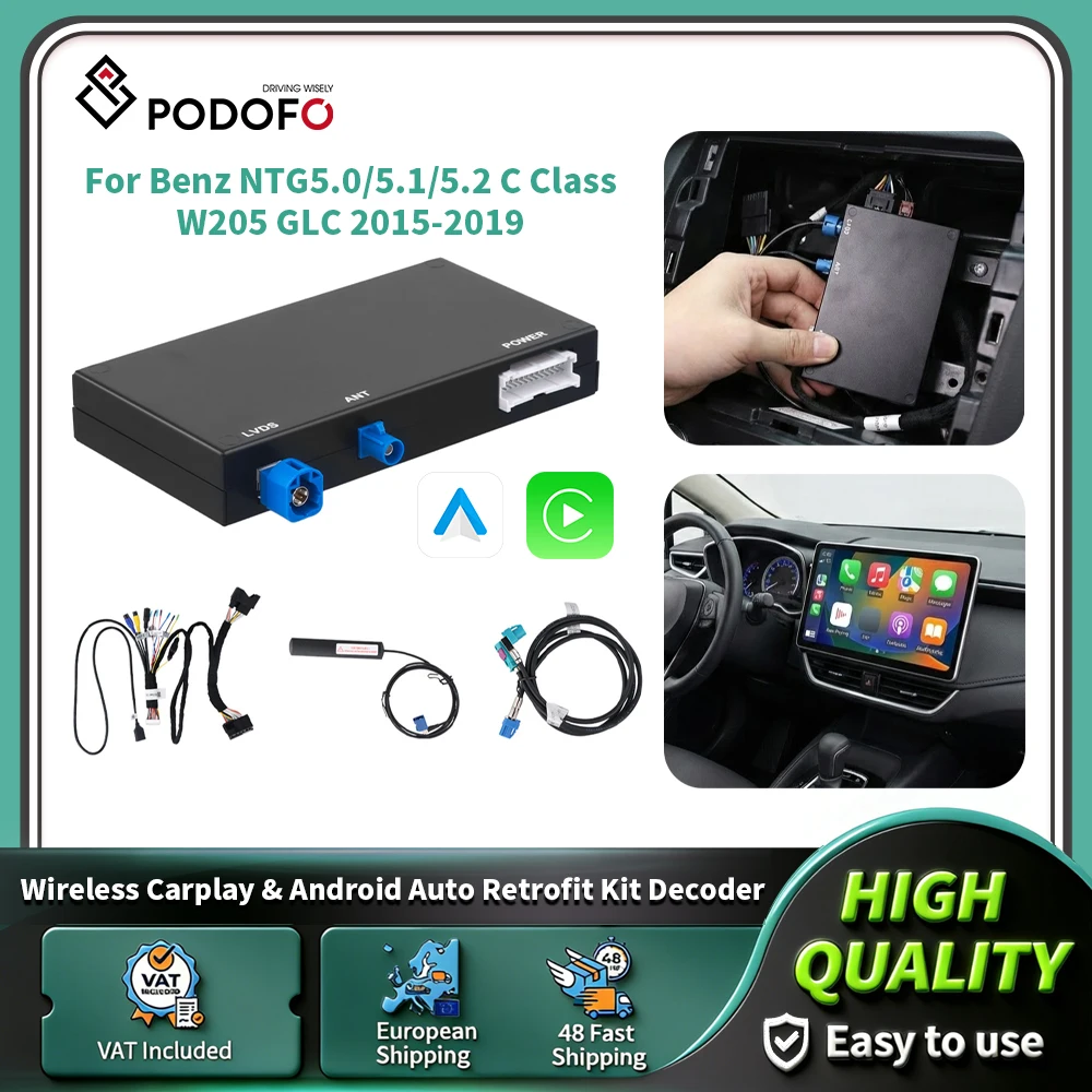 Podofo Kabelloses CarPlay Android Auto Decoder-Kit für Benz NTG5.0/5.1/5.2 C W205 GLC 2015-2019 Mit Navigationsfunktionen