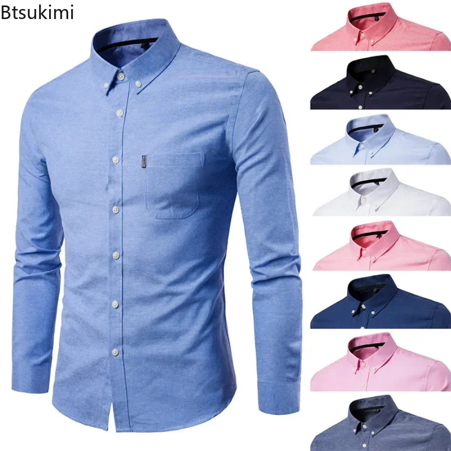 2025 Oxford Cotton Shirt Men Solid Casual Slim Fit Stand Collar Mens Formal Dress Shirts Long Sleeve Party Shirts Male Camisetas