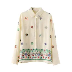 Tangada Women Embroidery Shirt Long Sleeve 2024 Female Cotton Linen Blouse Tops 3H0510