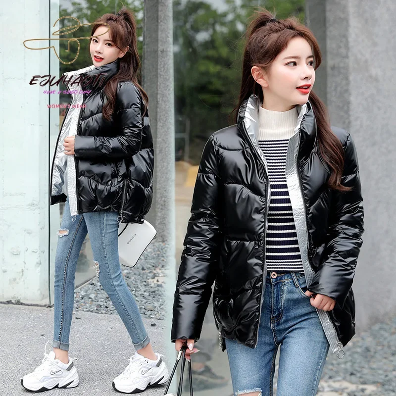 

Women's PU Cotton-padded Jacket Winter Lady Korean Fashion Stand Collar Quilted Coat Thick Warm Cute Sweet Girl Elegant Clothes