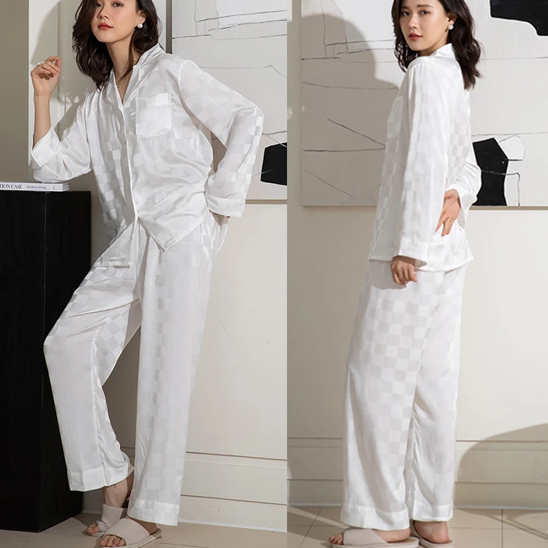Spring Autumn Women Sleepwear Pajamas Set White Plaid Satin Pijamas 2PCS Shirt&Pant Loose Satin Trouser Home Wear Loungewear image 6