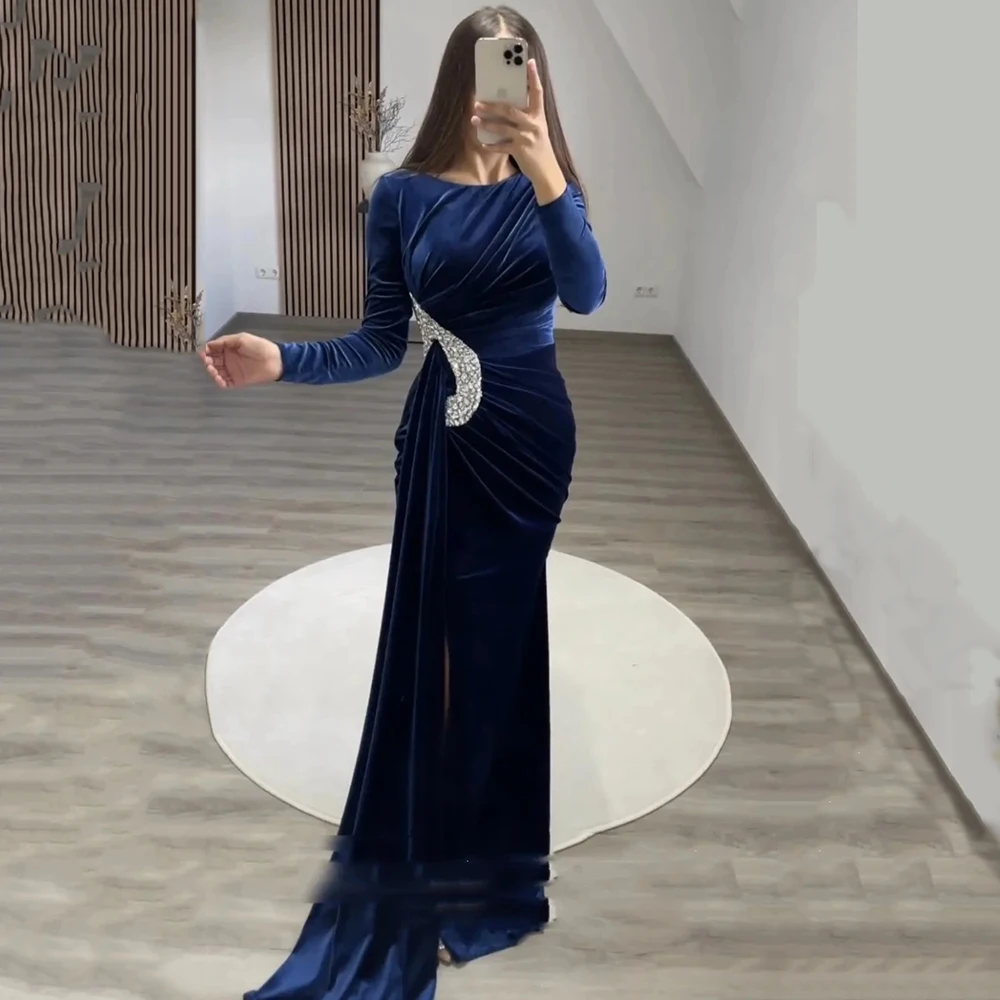 Customized Velour Simple O-Neck Mermaid Evening Dress Beading Long Sleeves Wedding Party Gown Celebrity Prom Gown Plus Size