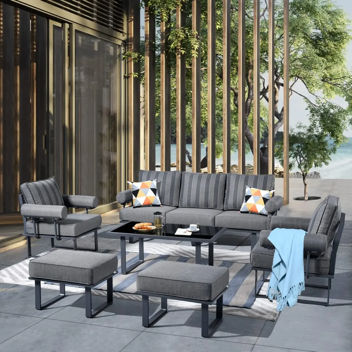 Aluminum Patio Conversation Set of 6 Pieces Weather Resistant Outdoor Furniture Sofa Set with Armrest Cushion,Armchairs,Ottomans