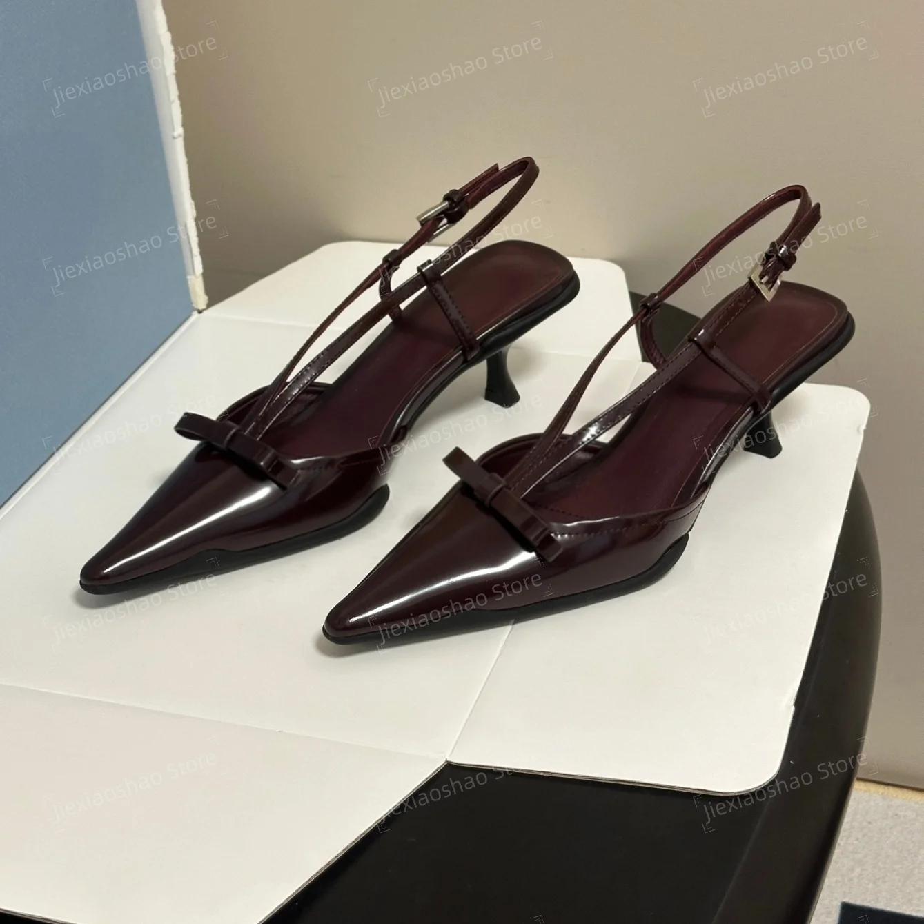 Top Quality Handmade Genuine Leather Pointed-Toe Kitten Heel Slingback Woman Sandals Butterfly-Knot Decora Pumps Banquet Shoes