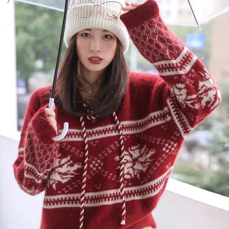 

Autumn Winter New Y2k Chic Loose Pullovers Women Clothing Vintage Jacquard Soft Wool Knitted Jumper Fashion Warm Hooded Sweaters