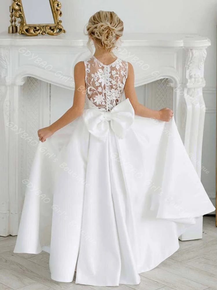 Vestidos brancos da menina de flor para o casamento a linha/princesa cetim primeira comunhão vestido com apliques personalizado vestido de festa de aniversário