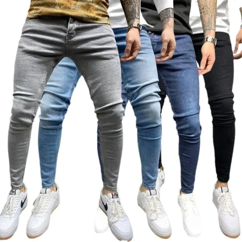 New Wish Hot Sale Men Tight Jeans Ripped Badge Pants