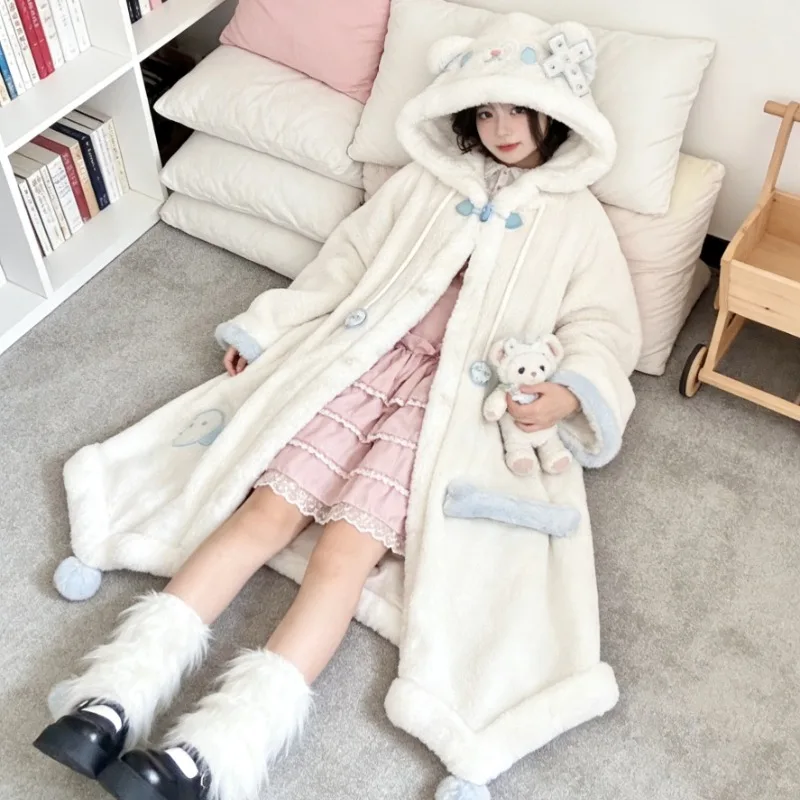 coral-fleece-sleep-robe-cloak-black-white-ghost-cat-print-cardigan-nightgown-winter-warm-cartoon-homewear-blanket-pajamas