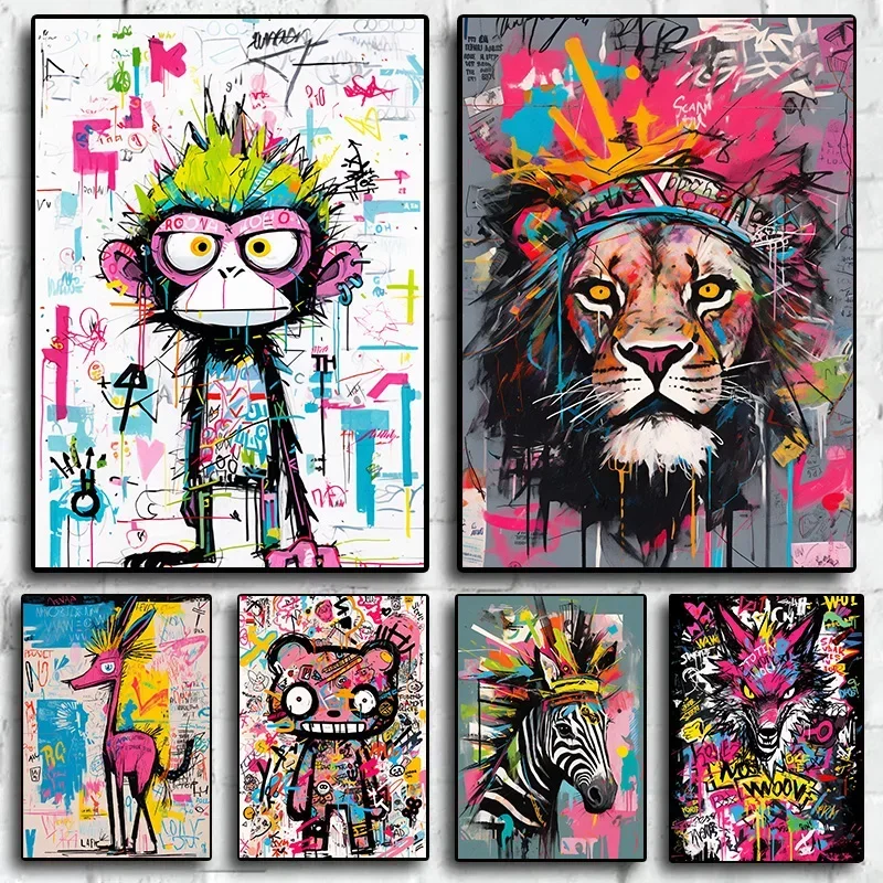 Decoración de habitación de animación, decoración de animales, arte de pared, decoraciones coloridas para el hogar, pintura en lienzo, Graffiti, decoración pintada de dibujos animados