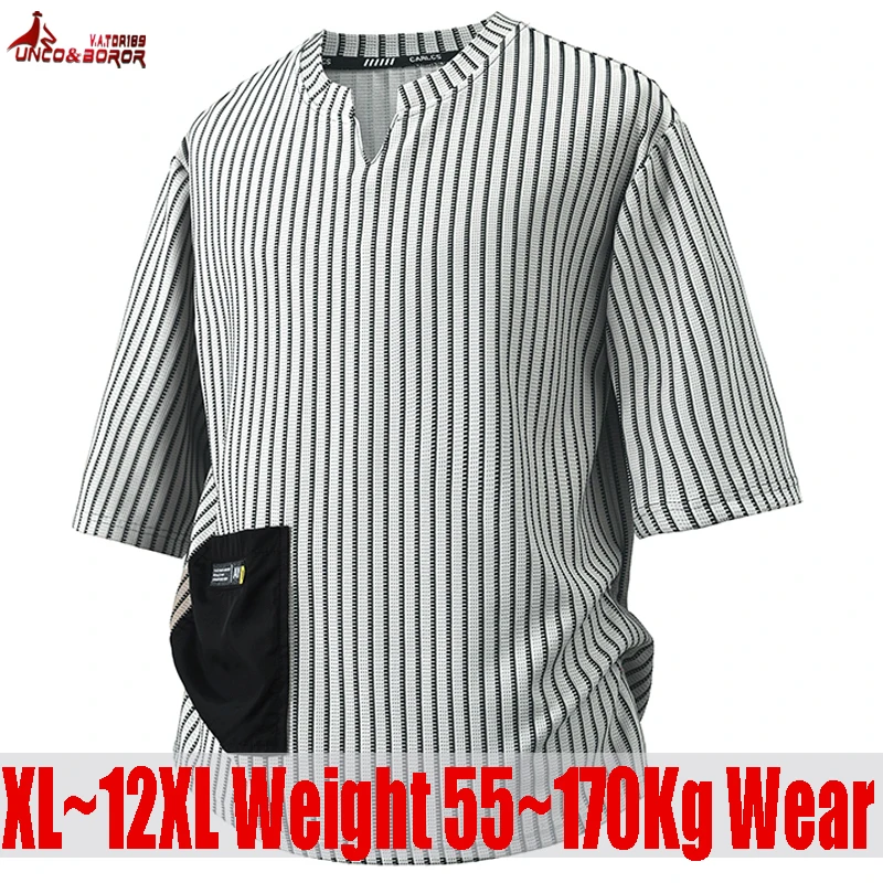 

12XL 11XL Large size t-shirt men short-sleeved loose men's tops plus size men's t-shirts Extra Large Striped shirts men Clothing