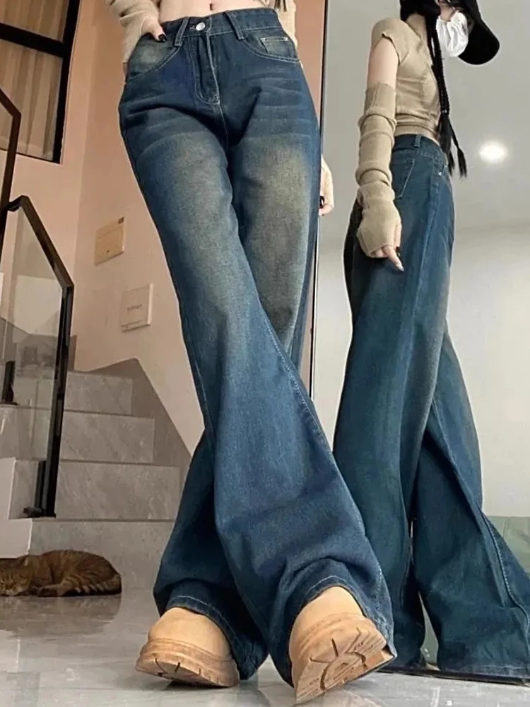 Джинсы женские прямые с высокой талией, свободные брюки из денима в корейском ретро стиле, с широкими штанинами, в стиле High Street, голубые