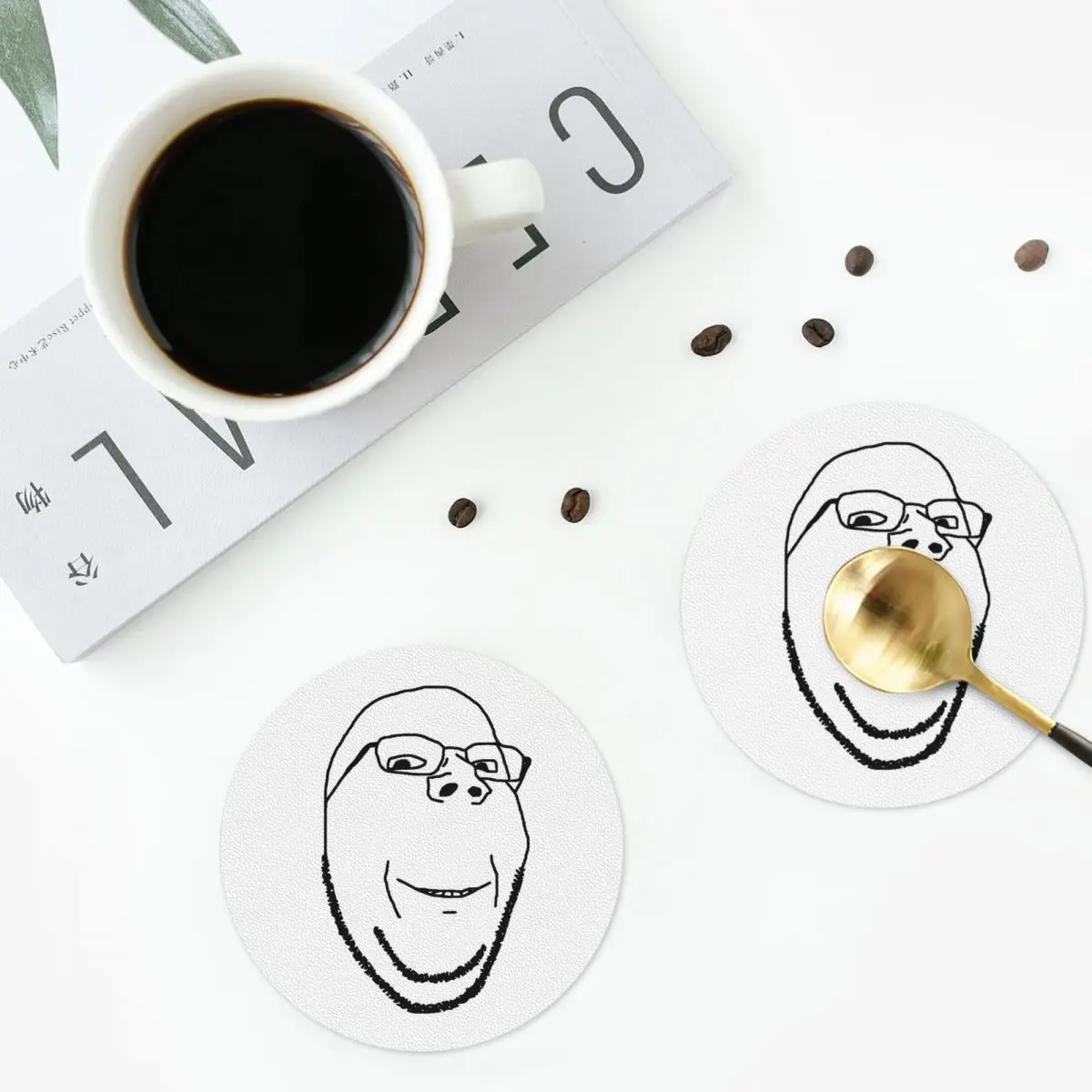 Smiling Wholesome Wojak Soyjak Coasters Kitchen Placemats Non-slip Insulation Cup Coffee Mats For Home Tableware Pads Set of 4