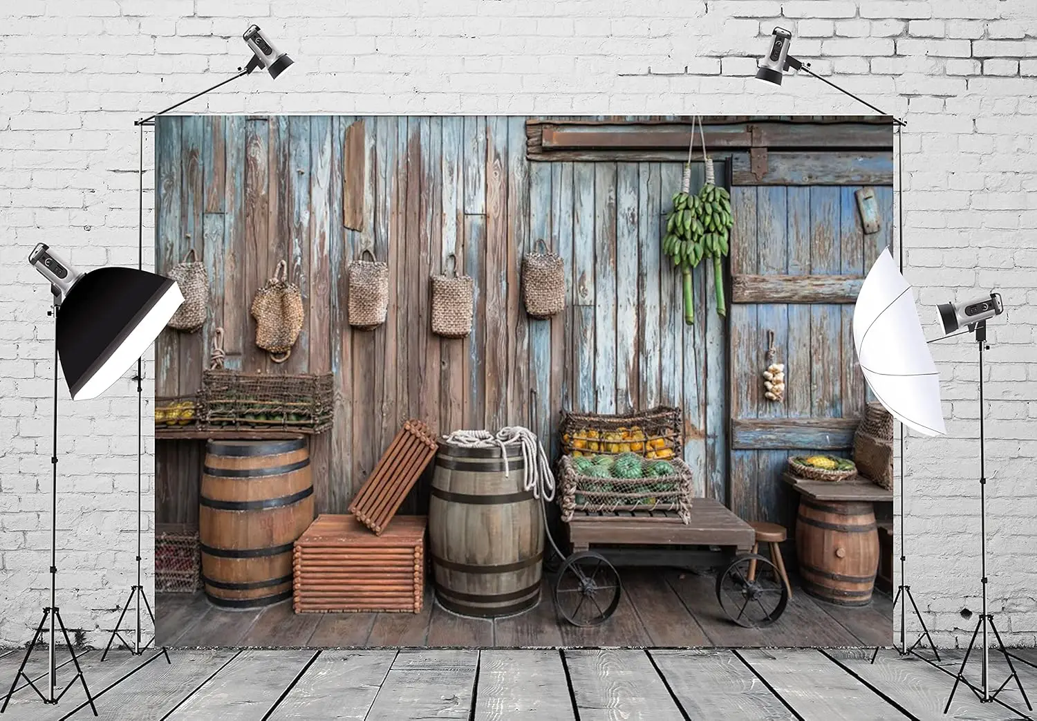 Old Vintage Grocery Store Wooden Planks Wall Rugged Baskets Barrels Countryside village photo background photography backdrop
