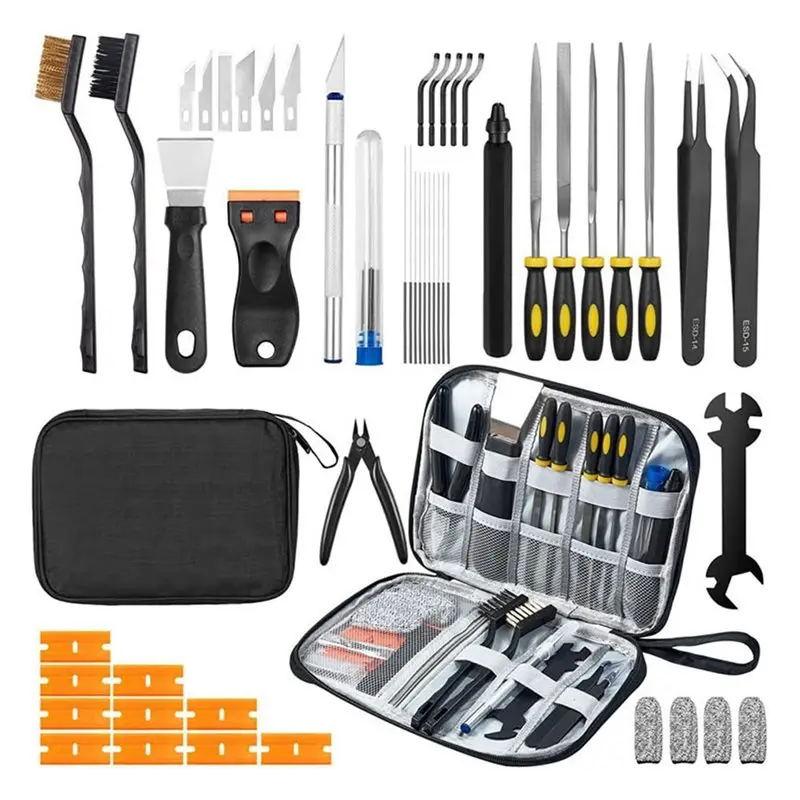 For FDM/SLA Compatible 3D Printer Tool Kit- Includes 50Pcs Components:Nozzle Cleaner Scraper, Tools Files Brushes& Storage Case