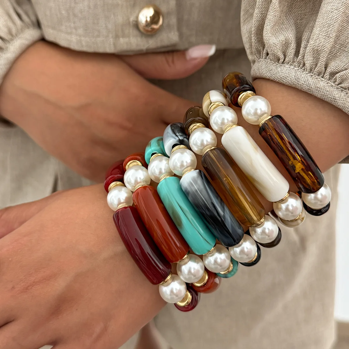 Retro Dyeing Curved Bend Bracelet for Women Bohemian Stackable Bamboo Knot Pearl Elastic Bracelet