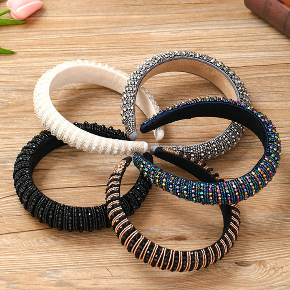 Craft Rhinestones Baroque Wide Headbands For Women  Fashion Luxury Party Elastic Hairband Hair Accessoires 2022 New Hair Hoop