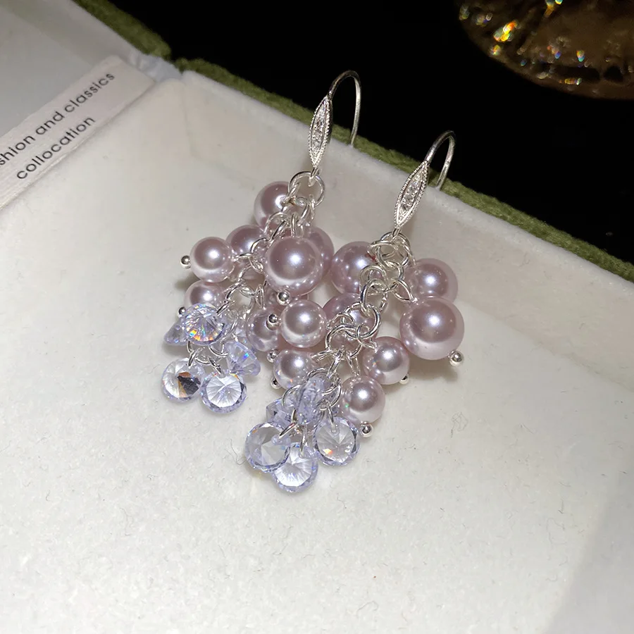 Pink Simulated Pearl Cluster Tassel Drop Earrings Women French Elegant Round Zircon Ear Hooks Bridal Cocktail Banquet Jewelry K