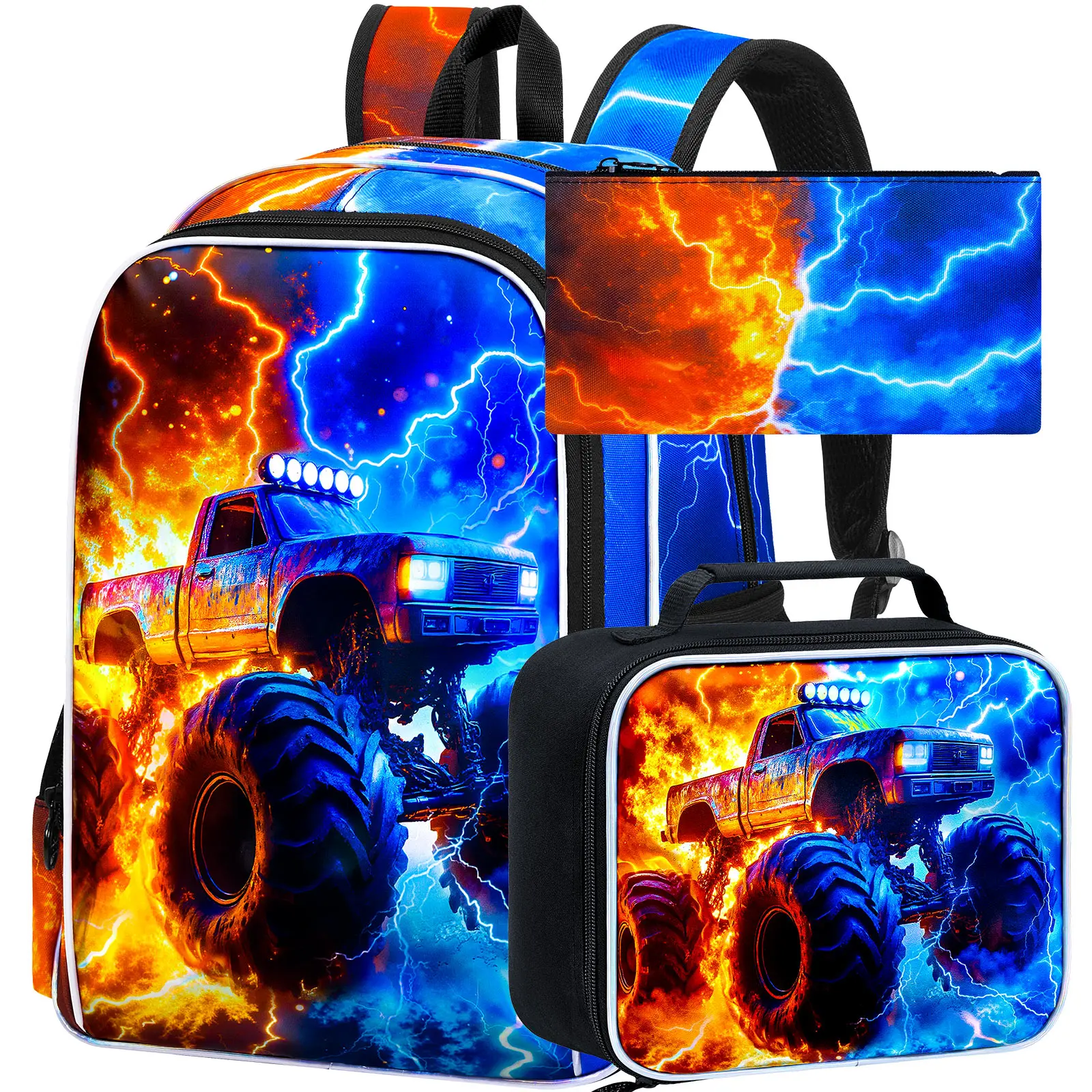 

Набор из 3 детских рюкзаков для мальчиков, 17-дюймовый школьный рюкзак для мальчиков с ланч-боксом, водонепроницаемый рюкзак для средней школы - Пожарная машина и машина скорой помощи