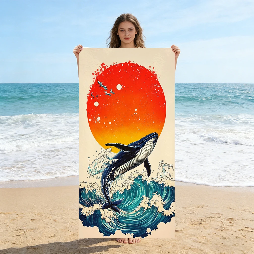 Japan Surfing Pattern Beach Towel Design of Red Sun&Wave Quick-drying Towel Suit for Seaside Pool Camping Yoga Gift For Friends