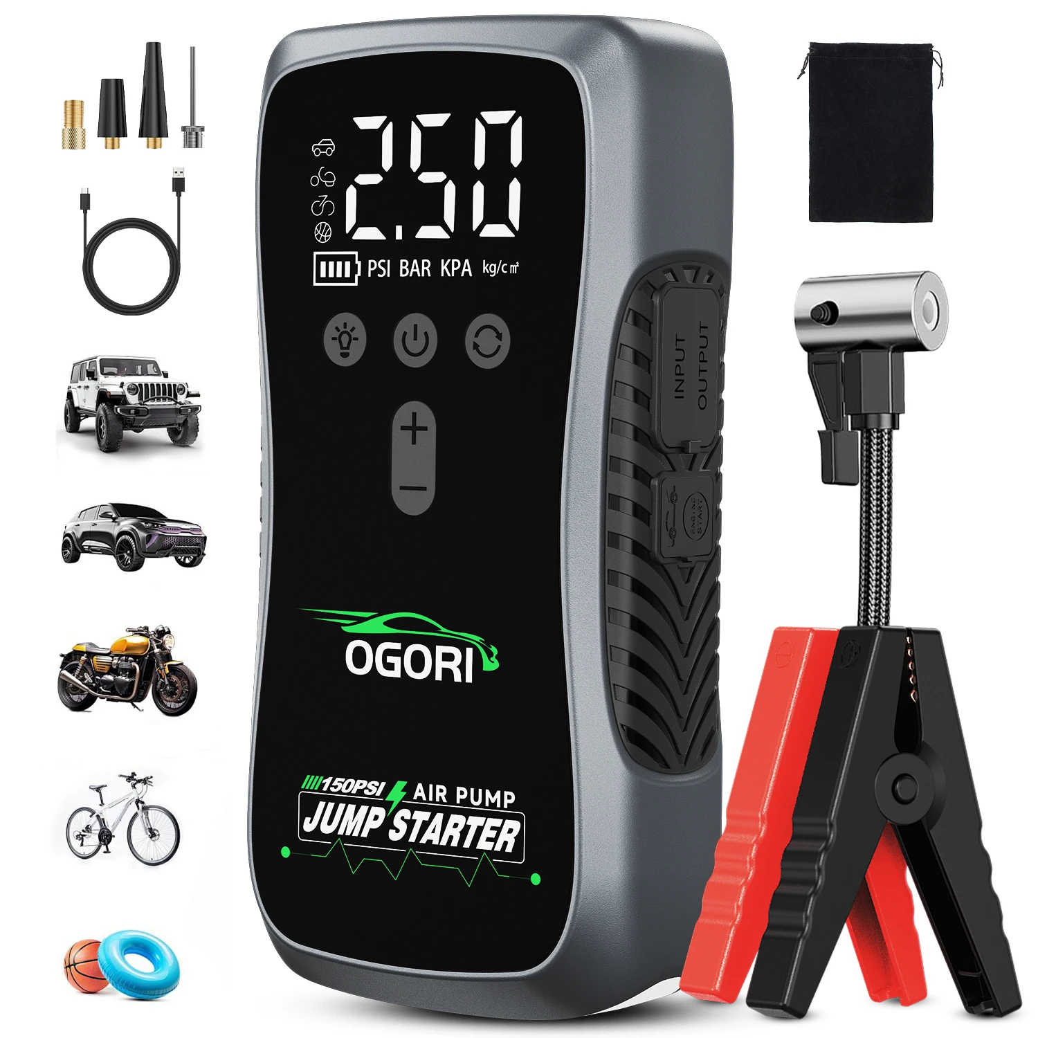 Arrancador de Coches con Compresor de Aire de 150 PSI, Banco de Energía, Inflador de Neumáticos Portátil de 29.6 Wh, Pantalla LED, Luz LED