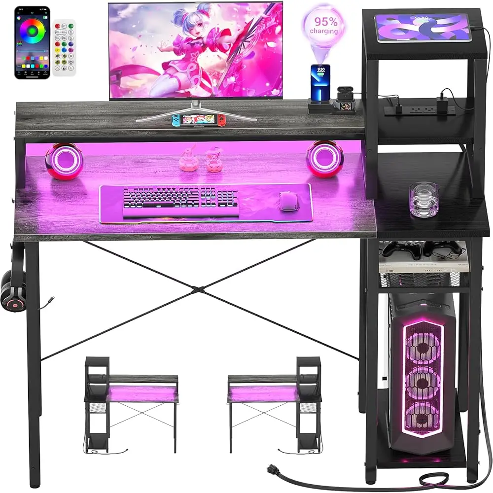 

2024 Upgrade Gaming Desk With Led Lights, Computer Desk With Long Monitor Stand, 40'' Reversible Laptop Table With Storage