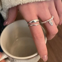 Sliver-plated Pearls Beading Double Layer Ring for Women Girl Gift Luck Simple Retro Jewelry