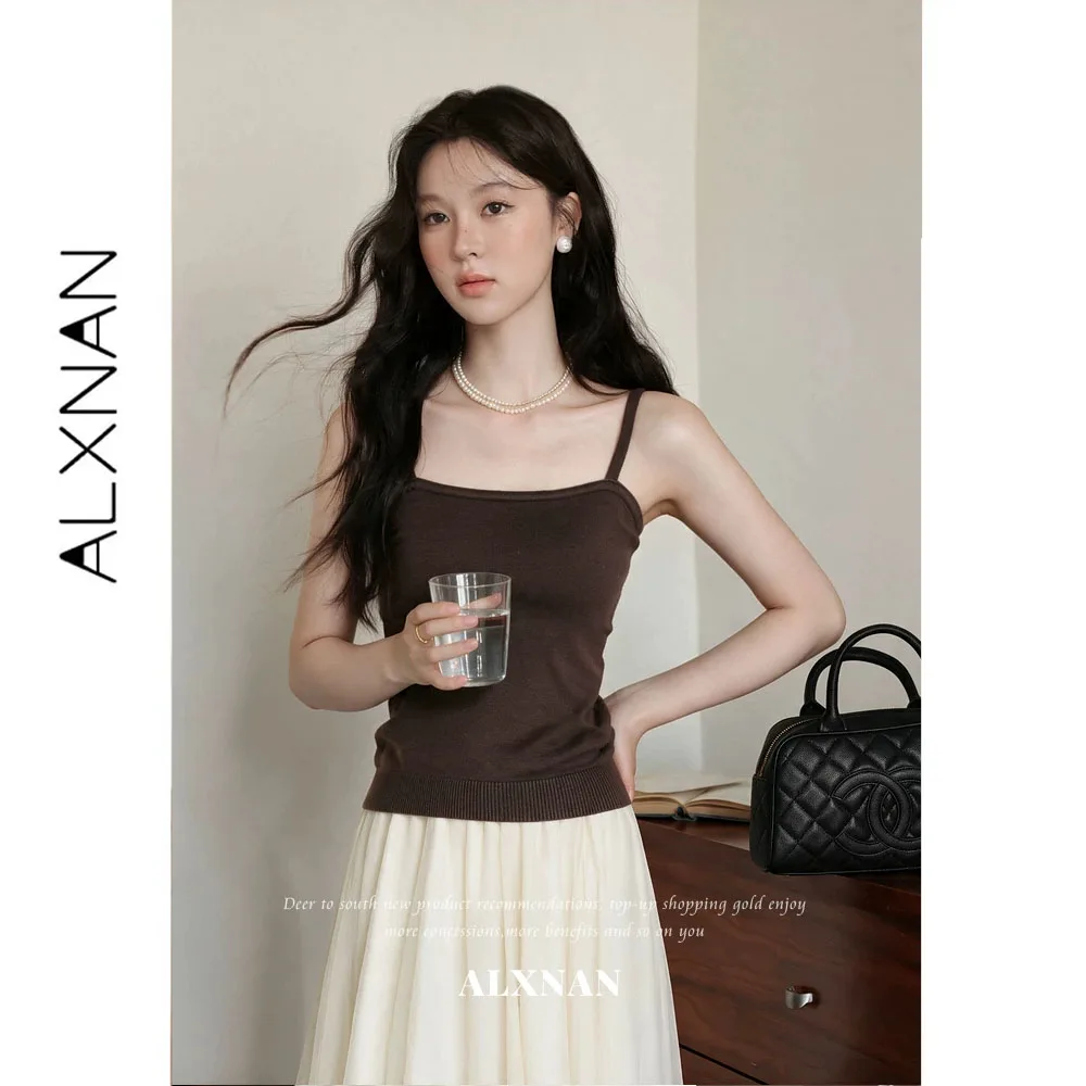 ALXNAN Vintage Coffee Cami Top Women 2026 Elegant Fashion Sleeveless Top Autumn Casual Slim-fit Female Camisole L677110BXA