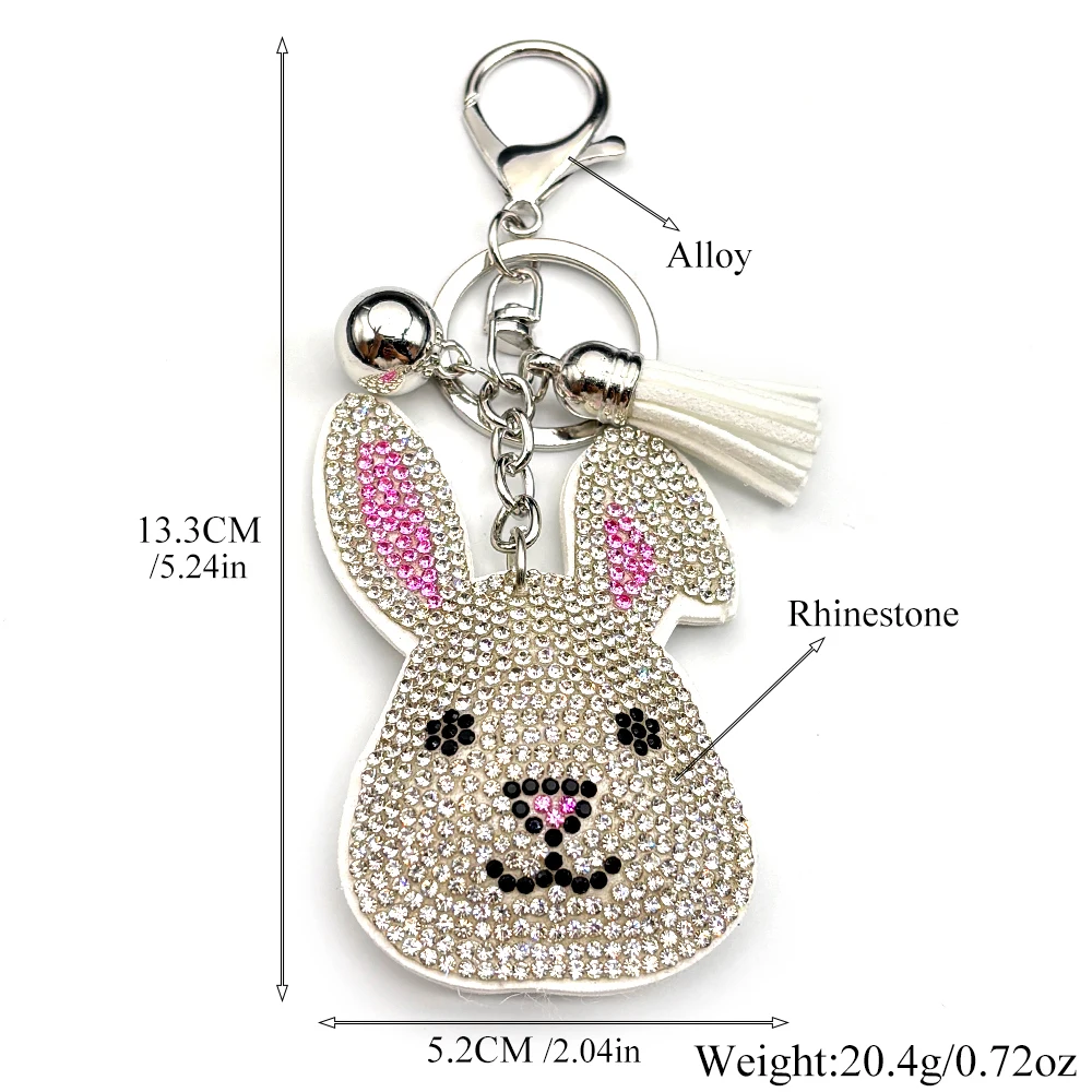 Kleiner weißer Hase, schöner Schlüsselanhänger für Damen und Herren, voller Kristallquasten, für Kinder, Rucksack, hängender Schlüsselanhänger, Schmuckzubehör – Detail 3