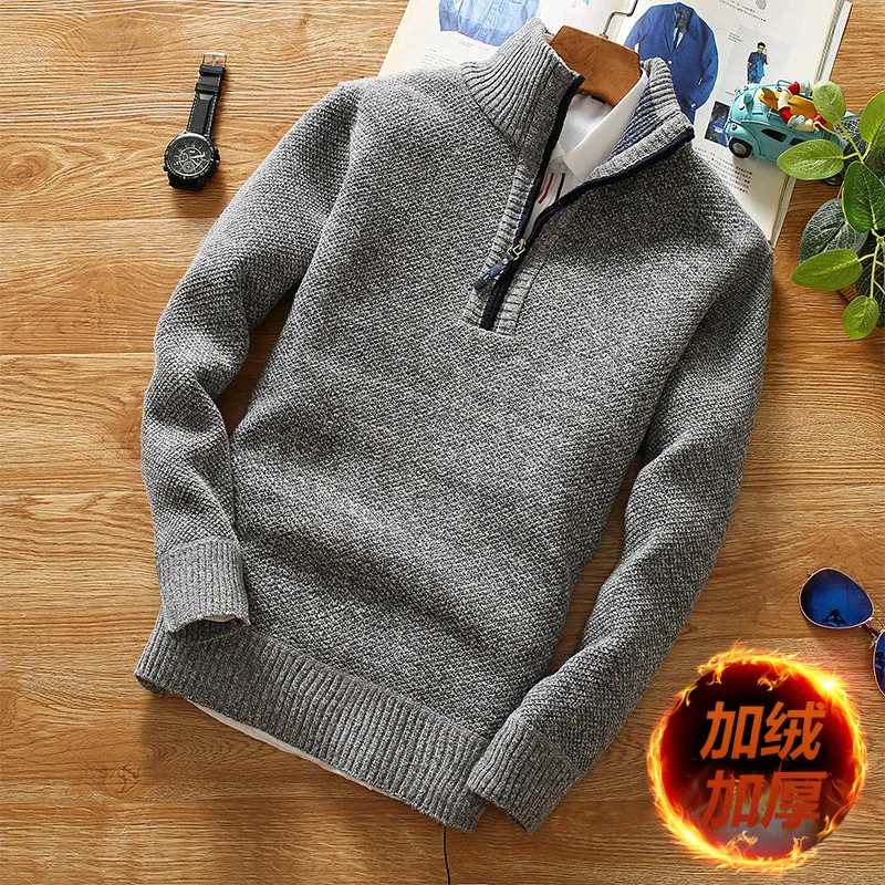 Men Stand Collar Long Sleeve Half Zipper Solid Color Casual Simple Knitted Pullovers New Fashion Male Trendy Basic Sweaters Tops