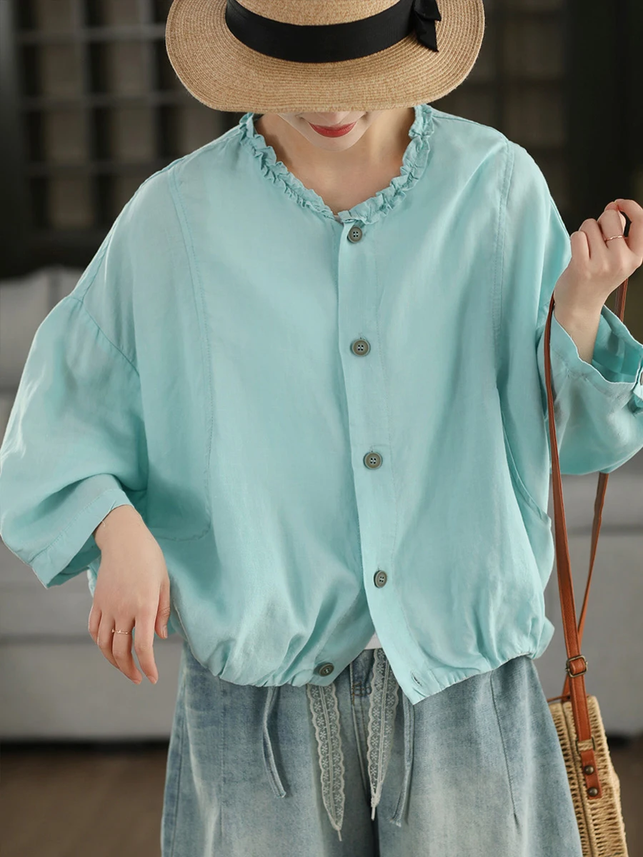 

Retro Women's 100% Flax Shirt with Mushroom Collar Breathable Outerwear Top Loose Fit Summer Fashion Single Button Cardigan