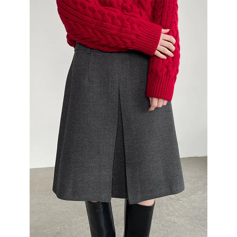 Jesienno-zimowa koreańska spódnica wełniana w stylu retro w grochy, pogrubiona, do połowy łydki, podkreślająca temperament.