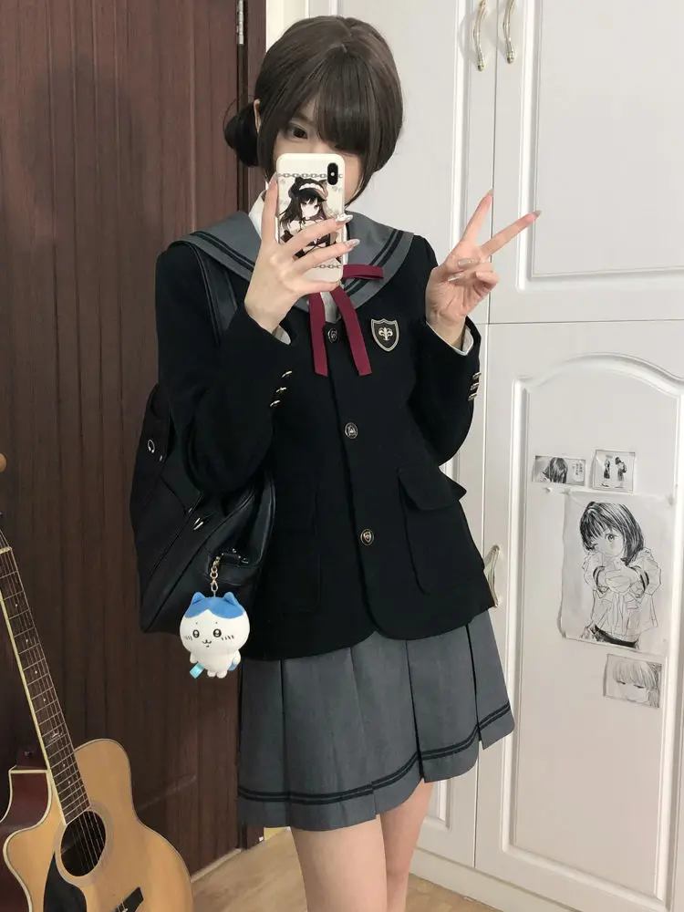 

MAGOGO Japanese Style JK Uniform Set College Girls Three Buttons Sailor Collar School Long Sleeve Coat Women Short Pleated Skirt