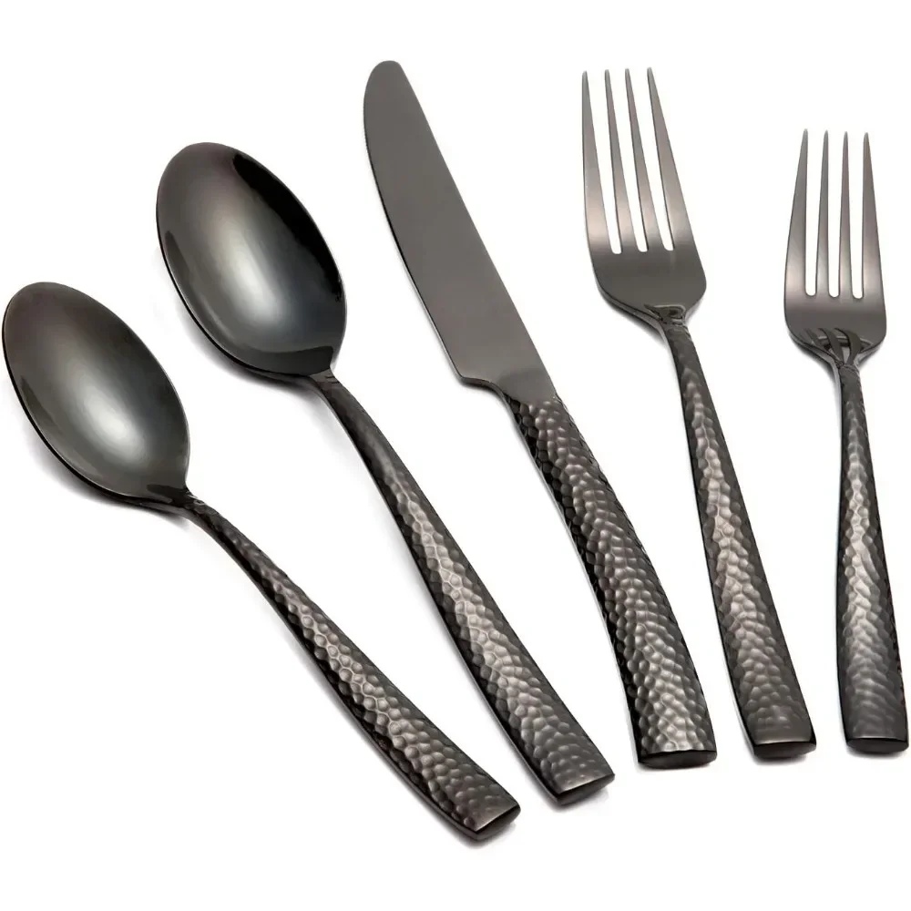 

Silverware Set Black Flatware Set Hammered Stainless Steel Cutlery Set Mirror Finished 60 Pieces Home Faimily Use Service for 12