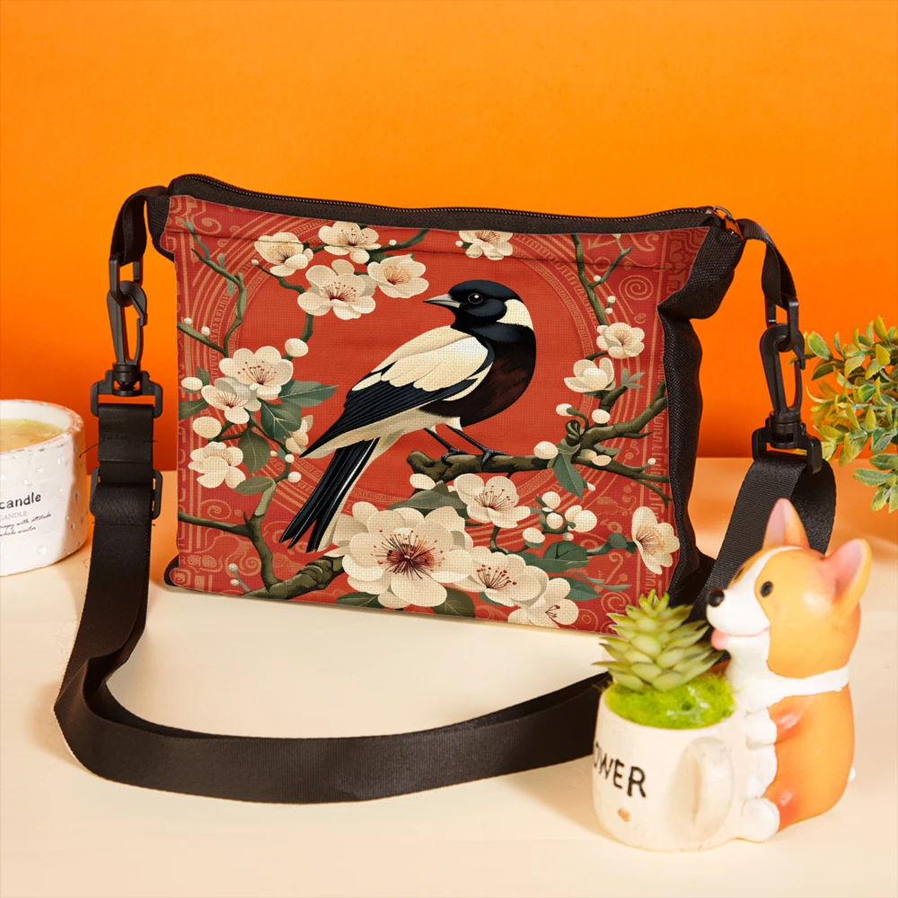1pc Floral Bird Pattern Crossbody Bag Red With Cherry Blossom And Magpie Design Shoulder Bags For Women Casual Daily Use Travel