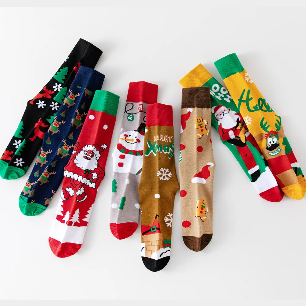 8 par świątecznych męskich skarpet, duży rozmiar, jesień-zima, nowy rok, czerwone skarpety, skarpety do połowy łydki, skarpety dla par, prezenty świąteczne, Święty Mikołaj C