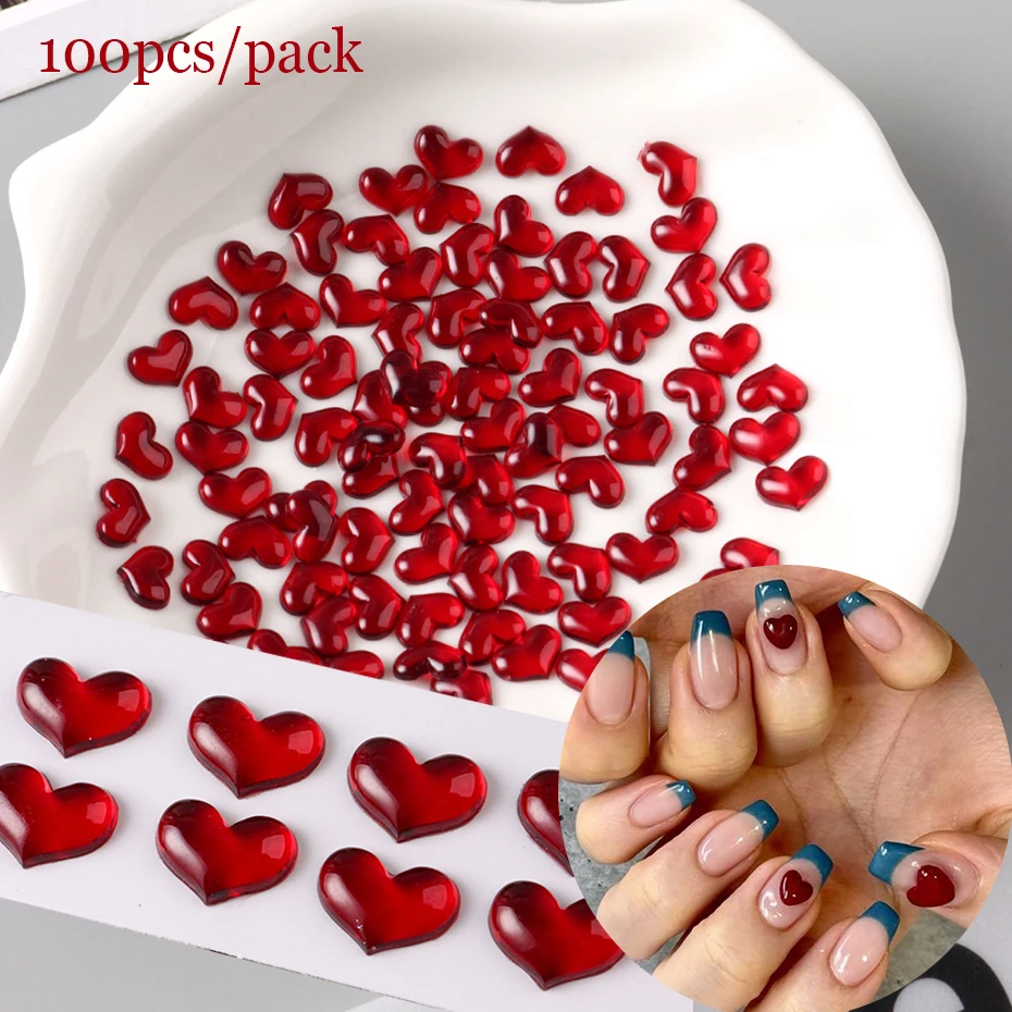 Breloques pour ongles en forme de cœur d'amour rouge 3D pour la saint-valentin, 100 pièces, pierres précieuses à fond plat de haute qualité pour décorations de manucure à faire soi-même