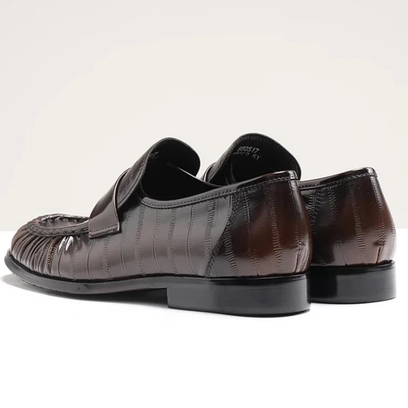 Eel Patterned Sheepskin Lined Business Casual Leather Shoes Men's Wrinkle Resistant Cowhide Leather Loafers Dress Shoes