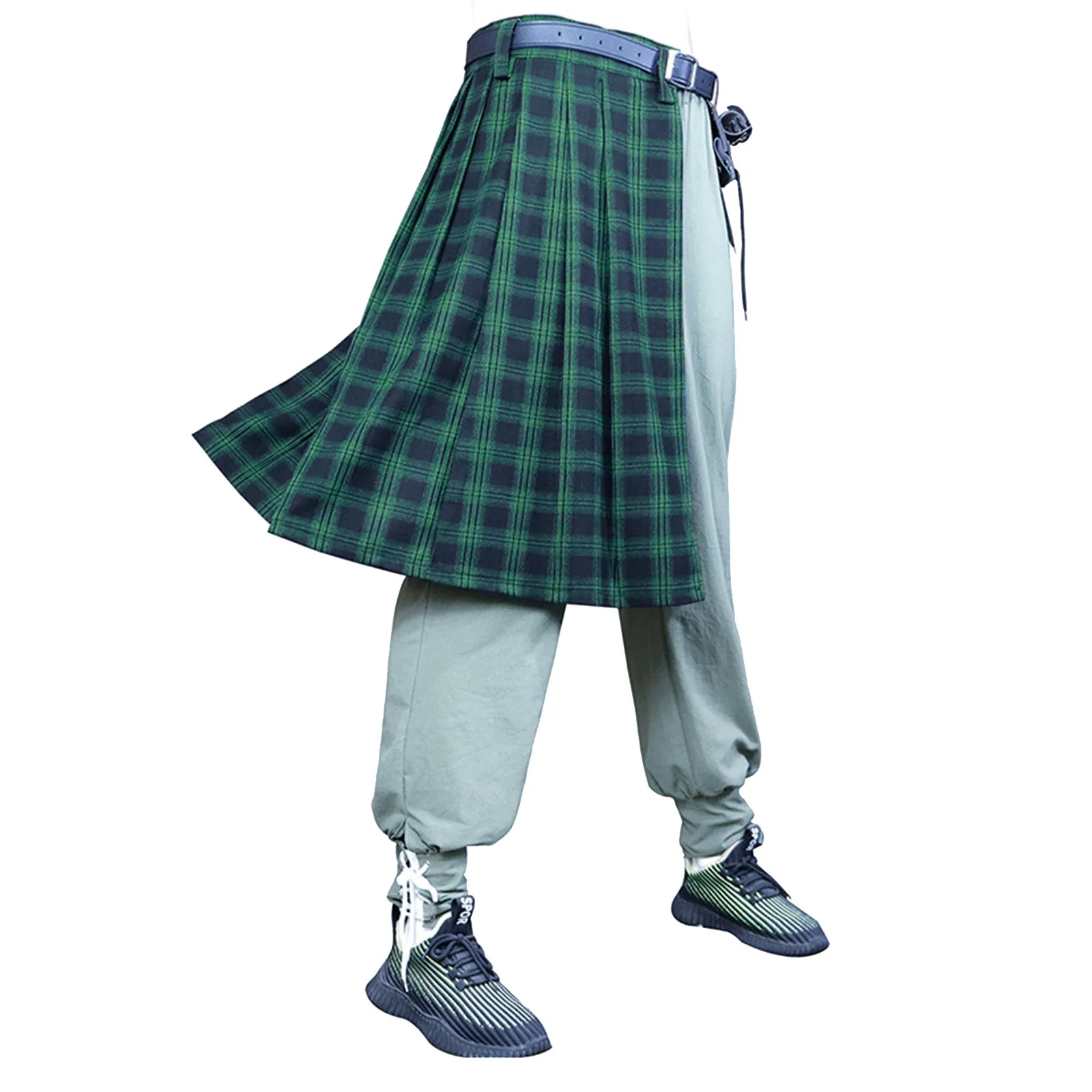 Plus Size Hybrid Black Cotton & Tartan Skirt Plaid Print Utility Kilts With Leather Straps Kilts For Men Scottish Style Skirts