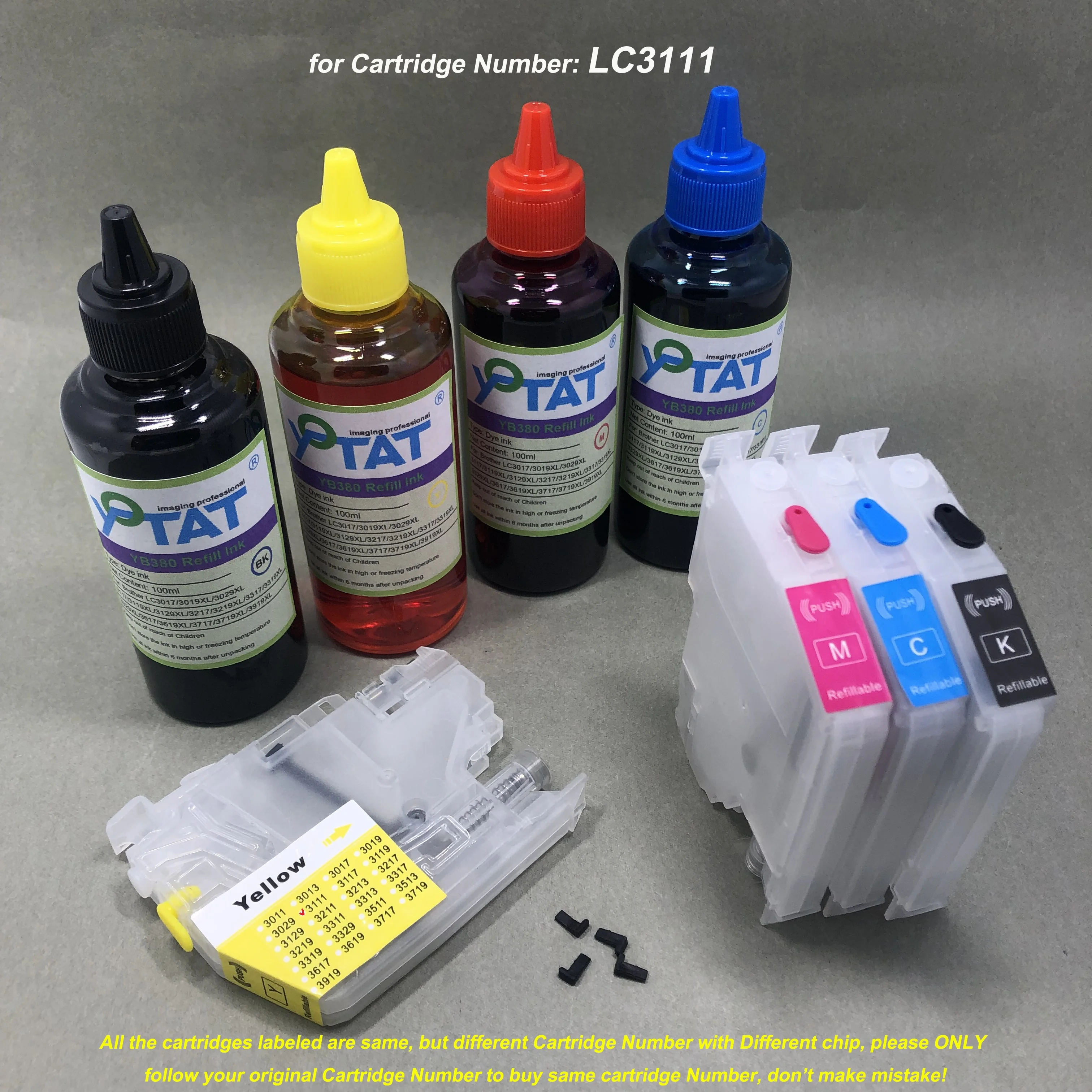 

YOTAT 4×100ml Dye Ink + 4Pcs Empty Refillable Ink Cartridge for LC3111 for Brother DCP-J972N DCP-J973N-W/B DCP-J572N MFC-J893N