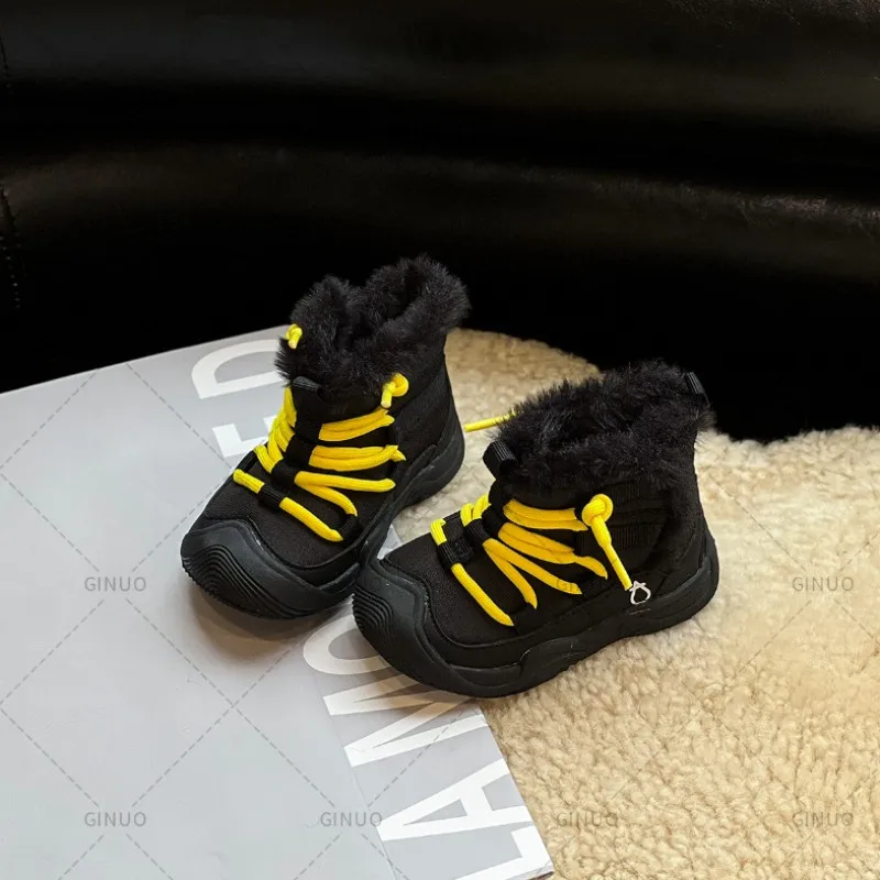 2024 Winter Children Shoes Plush Waterproof Fabric Non-Slip Boys Girls Shoes Rubber Sole Snow Boots Fashion Warm Outdoor Boots