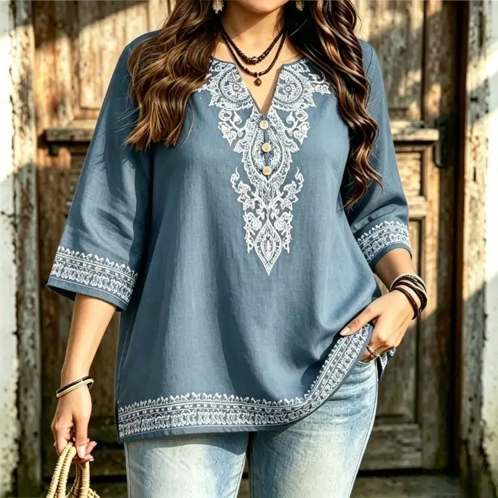 Women Ethnic Geometric Print Blouse Notched Neck 3/4 Sleeve Loose Casual Curvy Fit Ladies Daily Pullover Tops Vintage Shirts