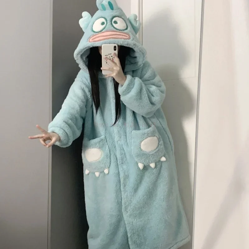 Sanrio Autumn Winter Hangyodon Coral Velvet Nightgown Pajamas Kawaii Furry Cartoon Clown Fish Hooded Pajamas Woman Home Clothes