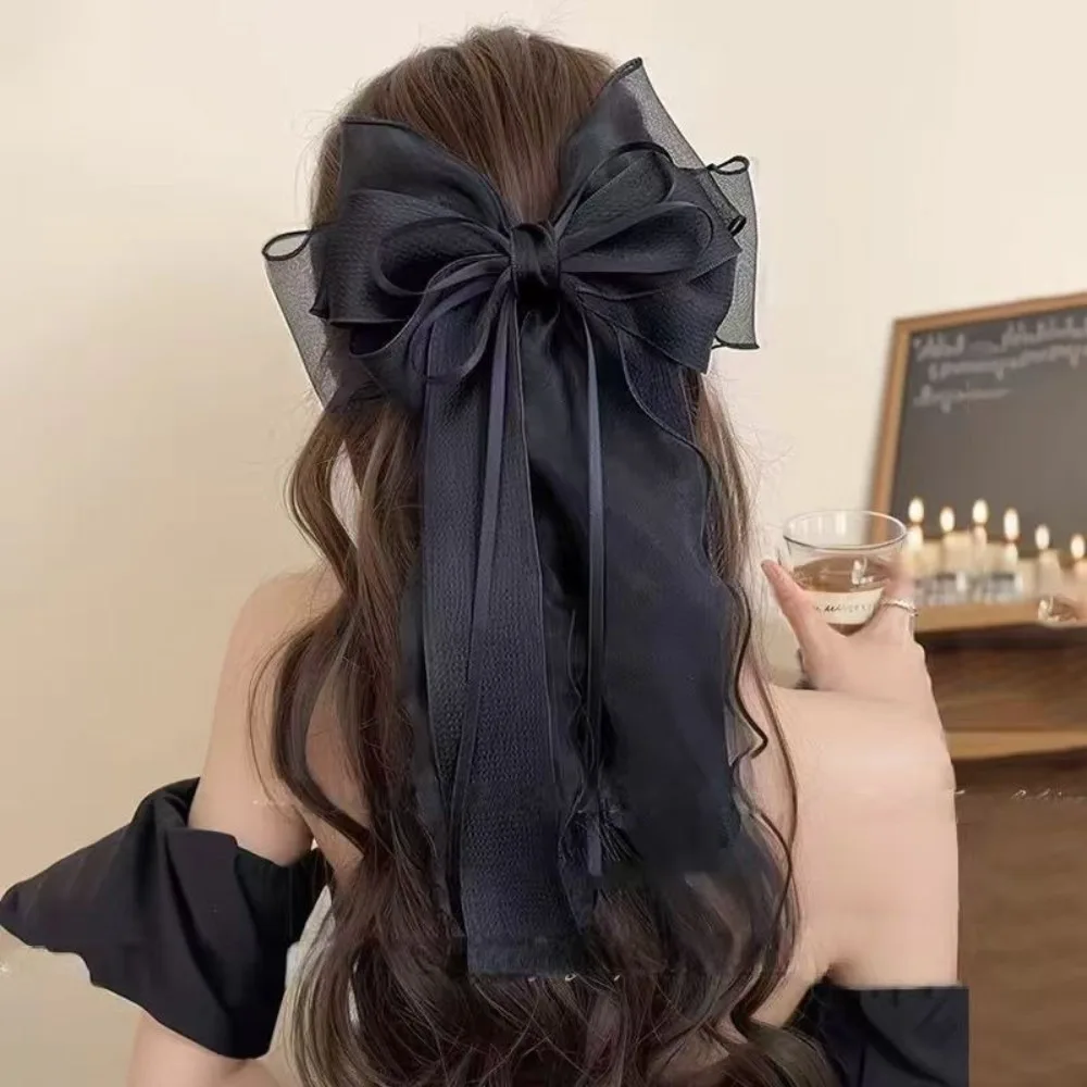 Fashion Lace Bow Ribbon Hair Clips Pink Long Tails Ribbon Coquette Barrettes Solid Color Hair Accessories Women Girls
